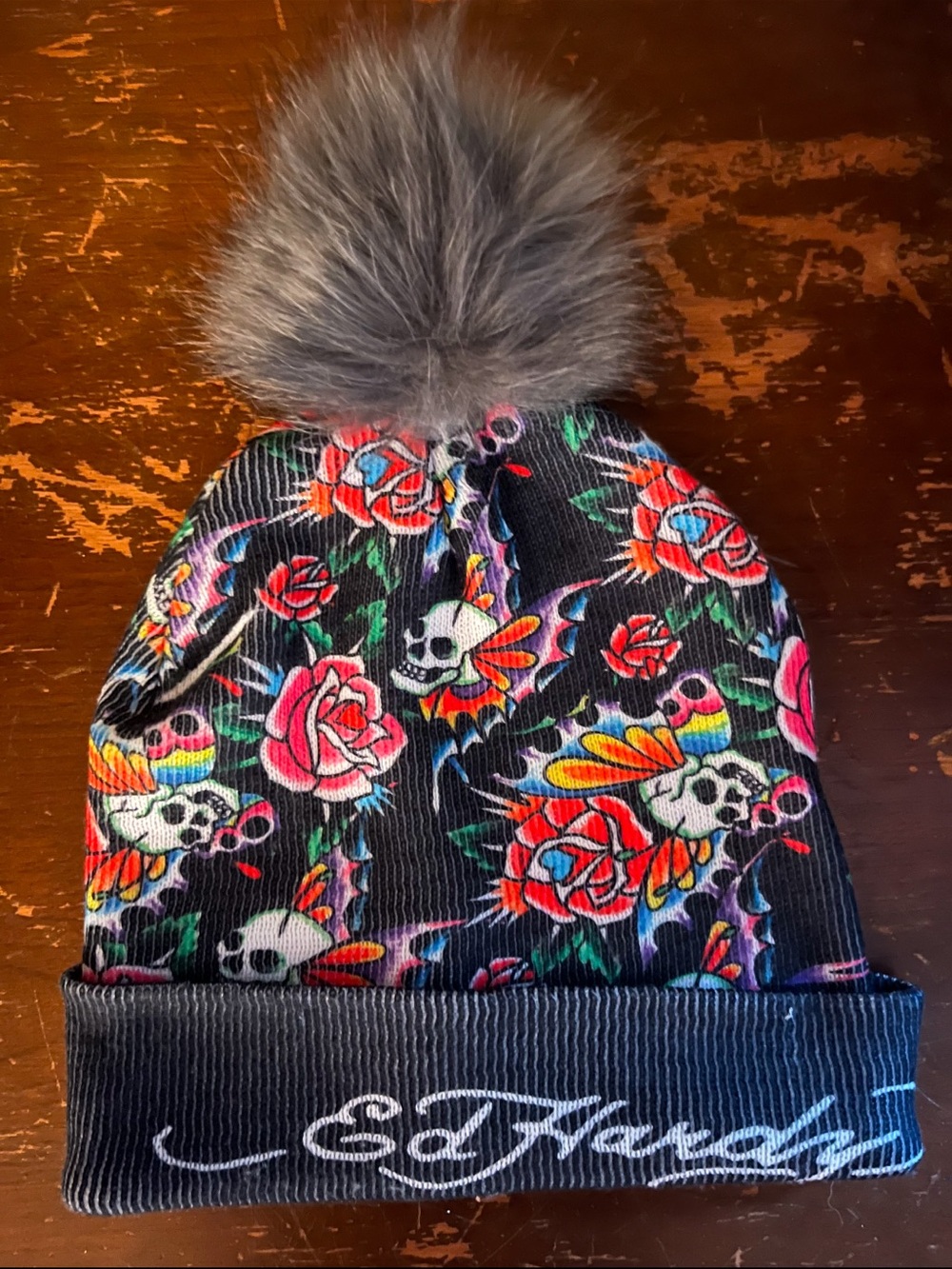 NWT Vintage Ed Hardy Black Floral Skull Pom Beanie with Gray Pom